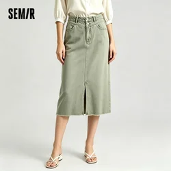 Semir Denim Skirt Women High-waisted Slit 2024 New Spring Straight Skirt