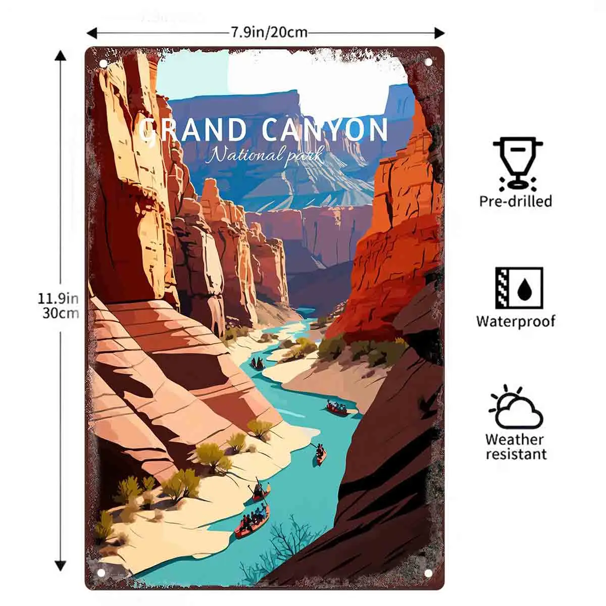 2D FLAT 1pc Grand Canyon River Rafting Retro Travel Poster Metal Wall Sign Decoration for Home Garage Bedroom Porch And Garden