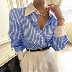 Elegant Striped Shirts Women Streetwear Patchwork Long Sleeve Blouses Ladies Korean Fashion Single Breasted Loose Causal Tops