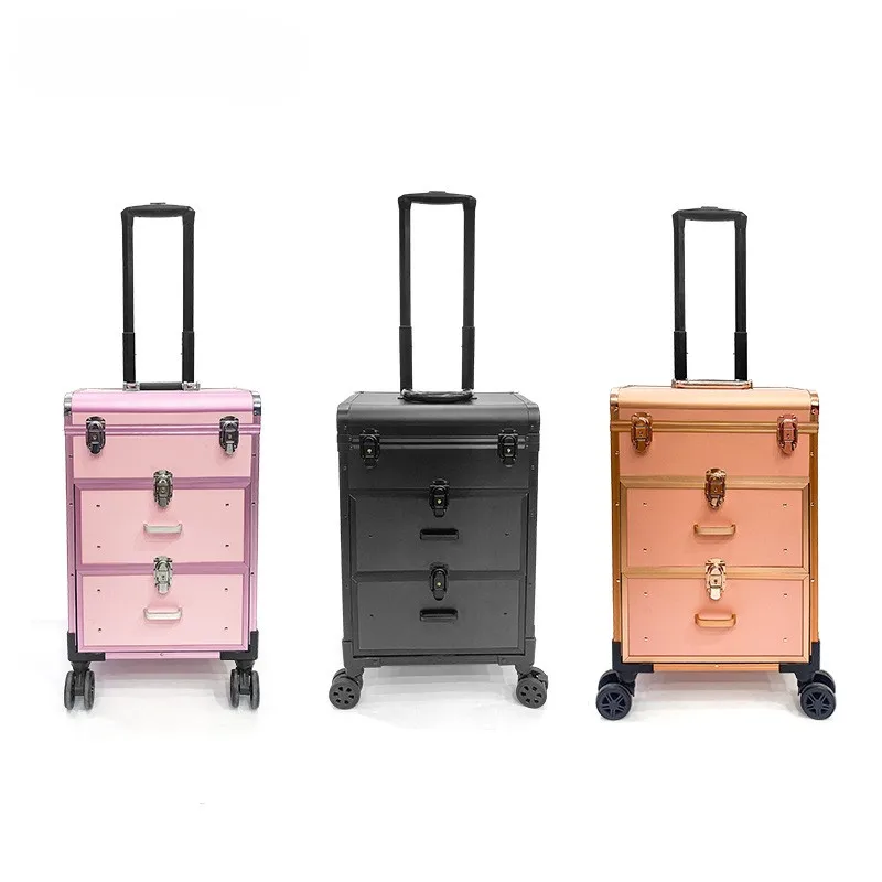 حقيبة مكياج للسفر بشعار شخصي، سعة كبيرة لمستحضرات التجميل من جلد البولي يوريثان، صندوق درج من سبائك الألومنيوم لجمال رموش الأظافر