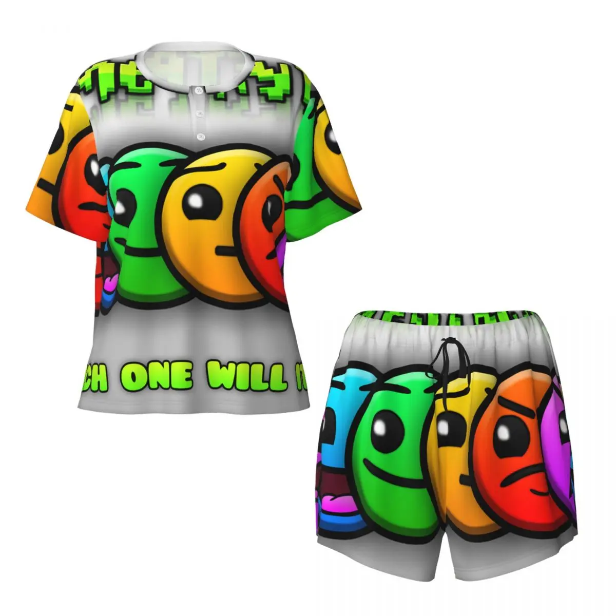 Video Game Geometry Dash Round Neck Short Sleeves Nightdress for Sleeping Sleepshirts Women Soft Pajama Set Short Pants