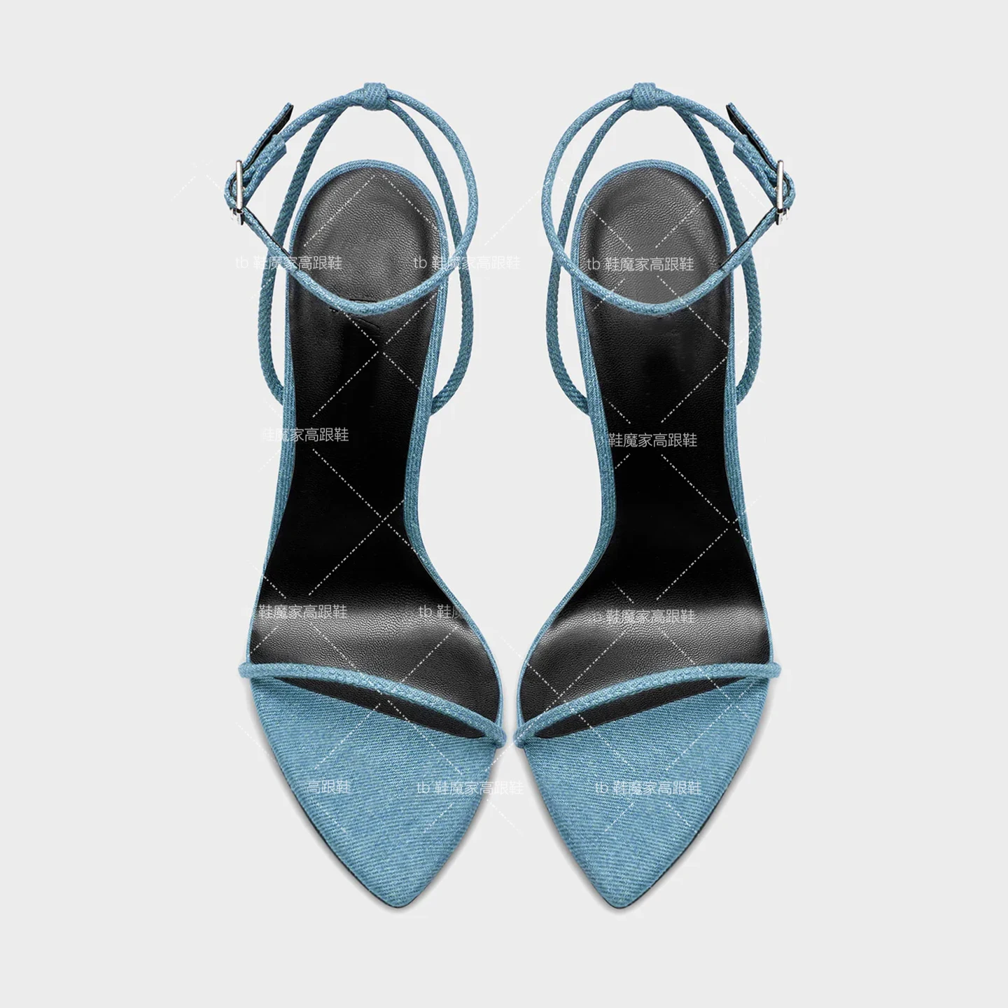 New pointed red-soled high heels with 12cm denim straps for women, 13cm sexy single-strap fashionable versatile women's sandals