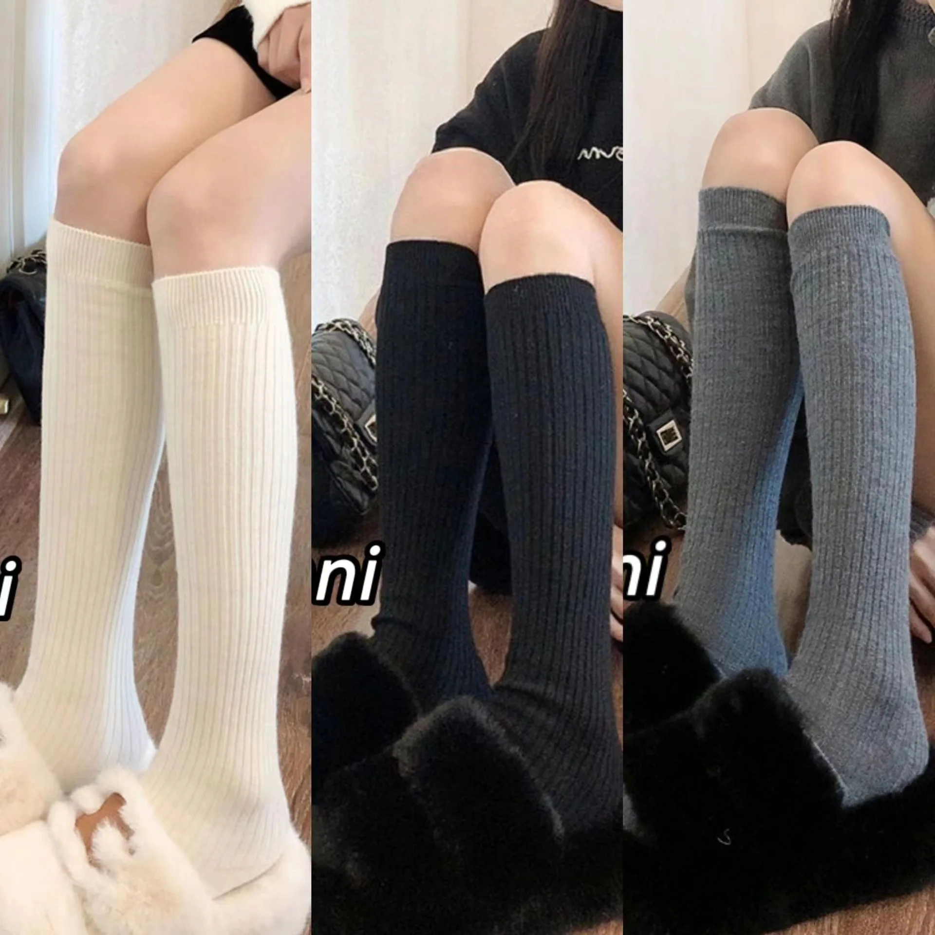 Autumn And Winter Women's Knitted Socks Solid Color Vertical Striped Warm Knee Length Socks Harajuku Fashion Lolita Long Socks