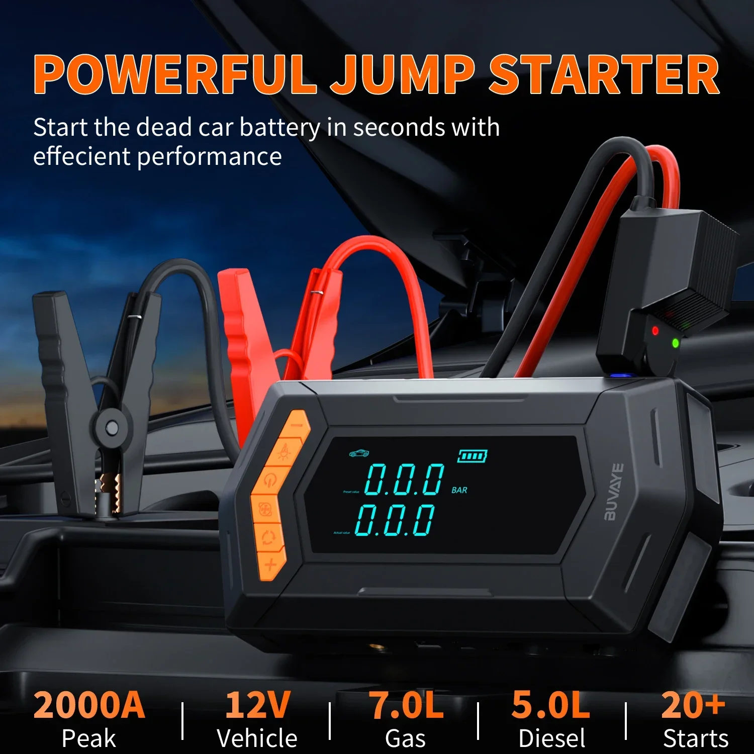 BUVAYE 5 In 1 Jump Starter Air Compressor with Power Bank Portable 2000A Battery Booster 150PSI Electric Air Pump Tire Inflator