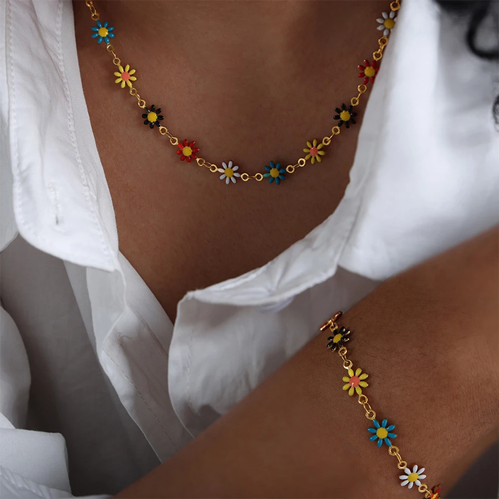 Stainless Steel Necklace Bracelet For Women Gold Plated Enamel Multi Color Flower Bohemia Women's Chains Bracelets Jewelry Sets