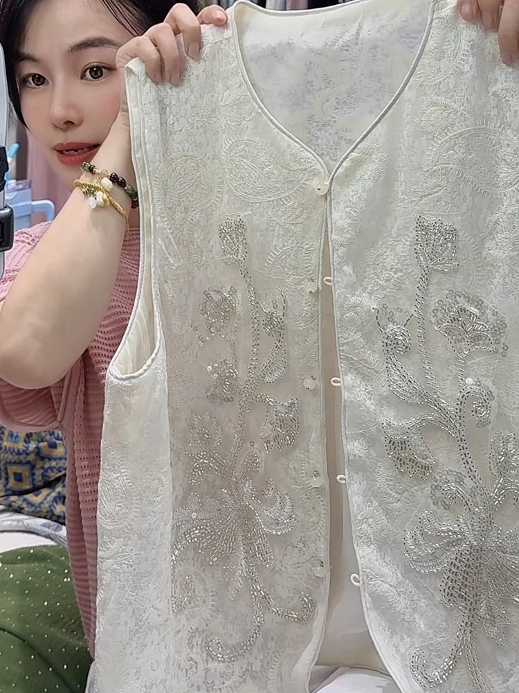 

New Chinese Sle Heavy Embellied Vest Summer 2025 Faionable Large Size Korean Version Loose Fit ort Sve round Ne