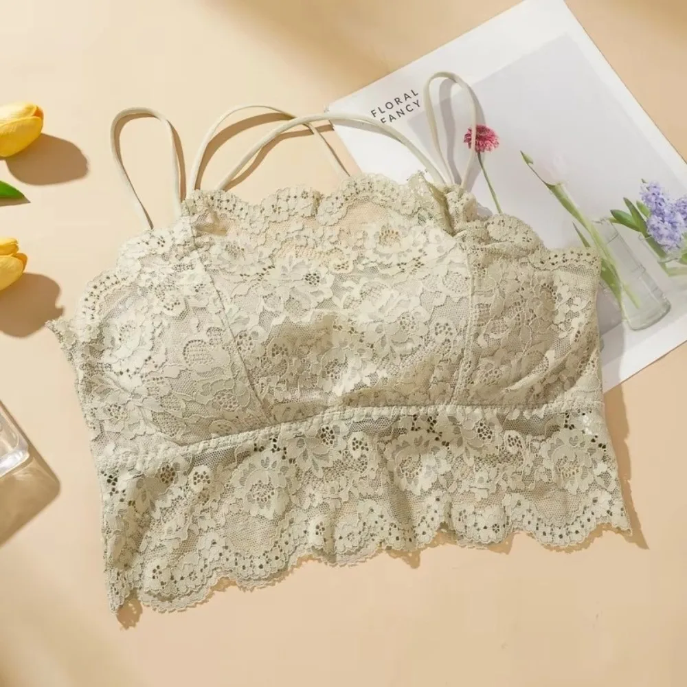 

Sexy Hollow Out Lace Crop Tops Solid Color Slim Camisole Anti-exposure Thin Beauty Back Tanks for Women