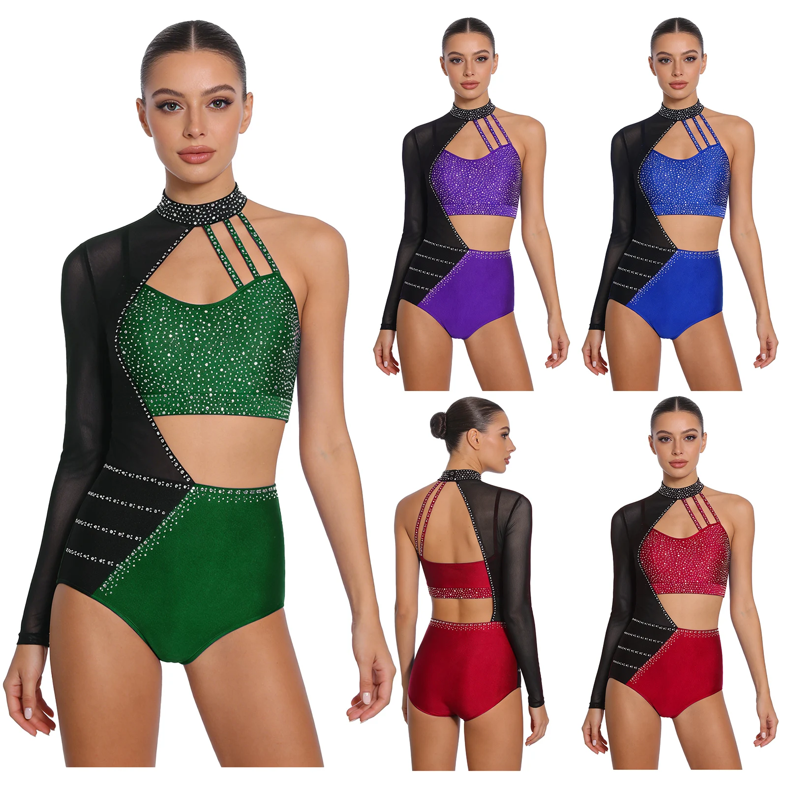 Womens Gymnastics Leotard Shiny Rhinestone Ballerina Dance Costume Mock Neck Long Sleeve Athletics Costume Female Bodysuit