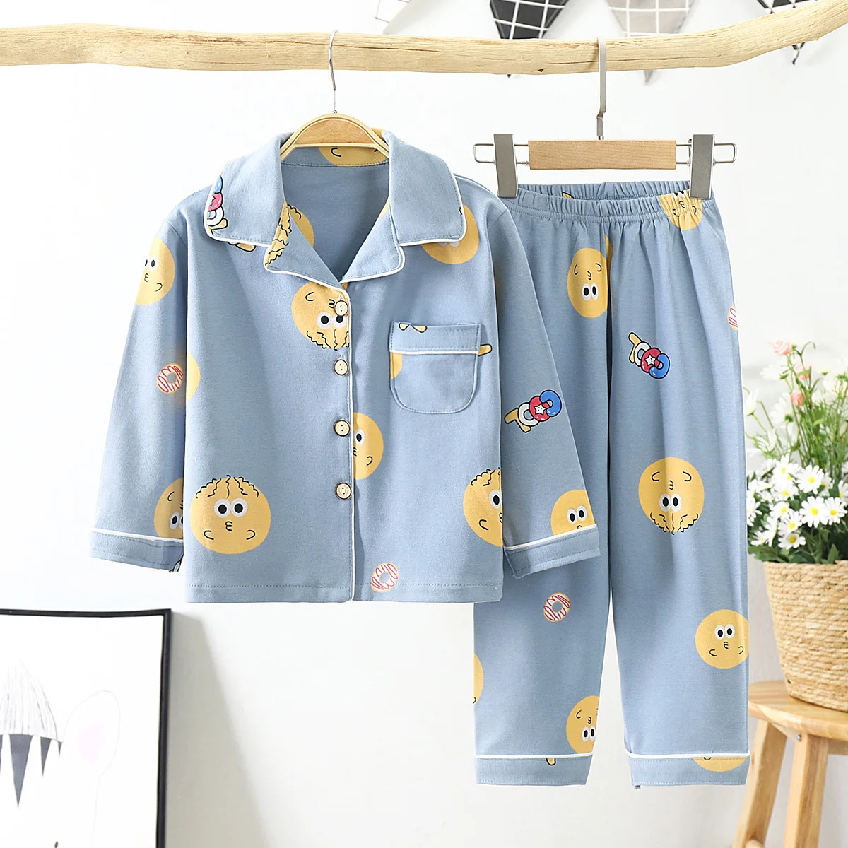 New Children Spring Autumn Cotton Home Clothes Cartoon Pattern Lapel Boys Girls Casual Pajamas Set Cute Baby Pajamas Pants Suit