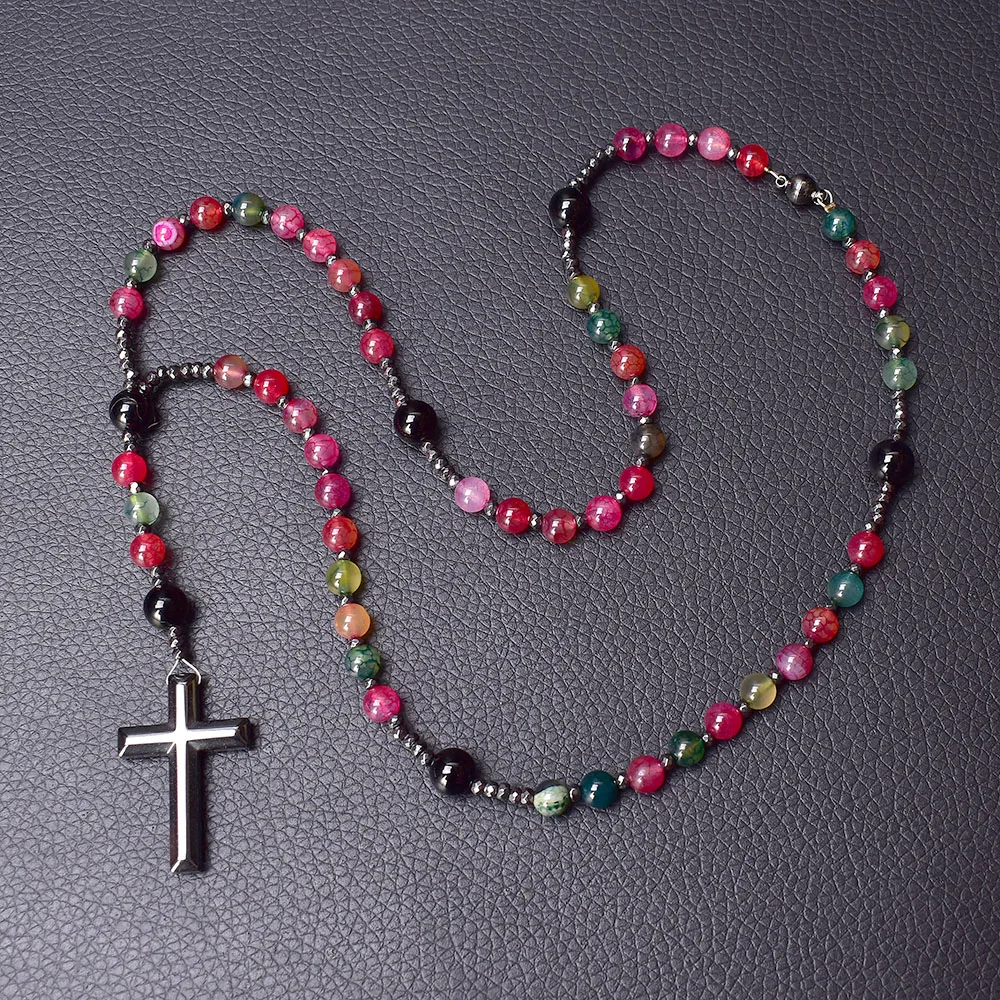 Catholic Christ Rosary Necklaces with Hematite Cross Pendant Necklace for Men Women Jewelry Multicolour Rubellite Agate