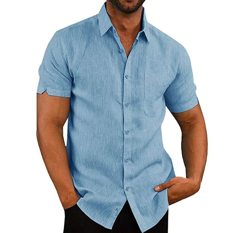 Camisas casuais de algodão de linho masculina, manga curta, cor sólida, gola virada para baixo, respirável estilo praia, verão