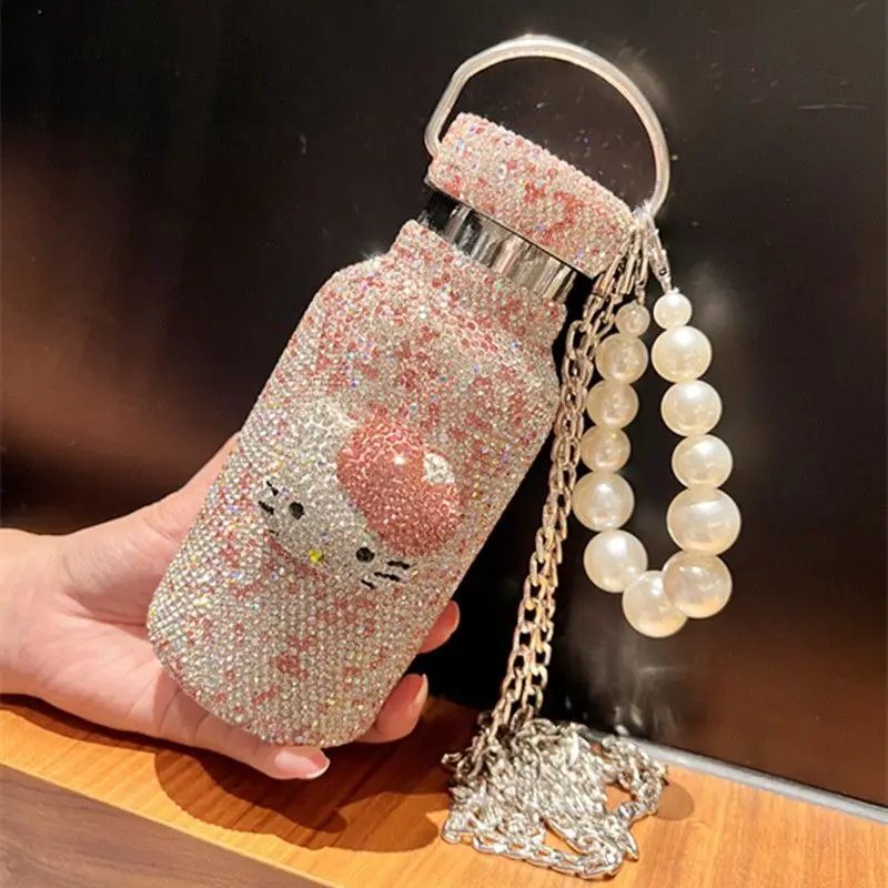 350Ml Sanrio Hello Kitty Stuff Thermos Cup Diamond-Embedded Portable Handmade Water Cup Coffee Mike Bottle Gift for Women Girls