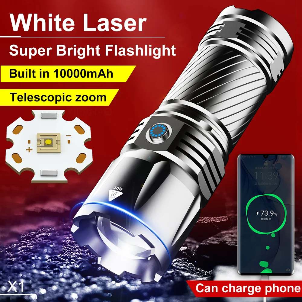 Imagem -01 - Poderosa Lanterna Tática Led 10000w 9000m Spotlight de Longo Alcance Usb-c Lanterna Lanterna Holofote Zoom à Prova Dágua Lâmpada Powerbank poderosa lanterna tatica led 10000w 9000m spotlight de longo alcance usb c lanterna lanterna holofote zoom a prova dagua lampada powerbank 01