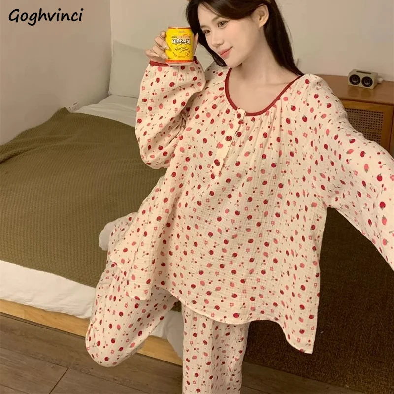 Pajama Sets Strawberry Printed Sleepwear Loose Casual Long Sleeve Sweet Pants Loungewear Summer Fashion Tender Pijamaa Mujer