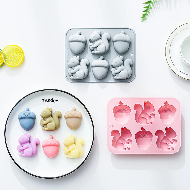 

6-hole Squirrel Oak Fruit Cake Silicone Molds Autumn Harvest Festival Ice Grid Chocolate Baking Mould Cake Decorating Tools