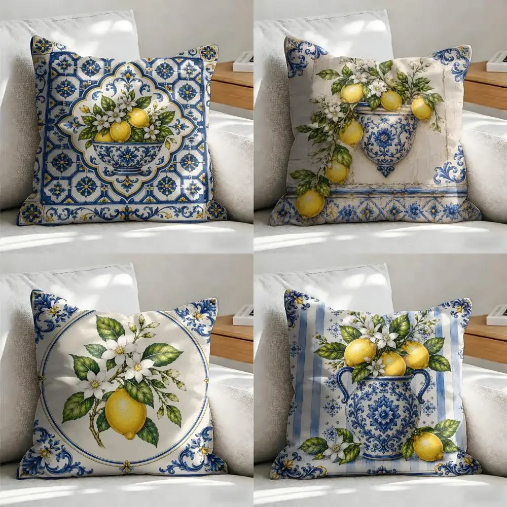 Vintage Blue and White Lemon Pattern Throw Pillow Covers for Sofa Couch Decor Home Accent Cushion
