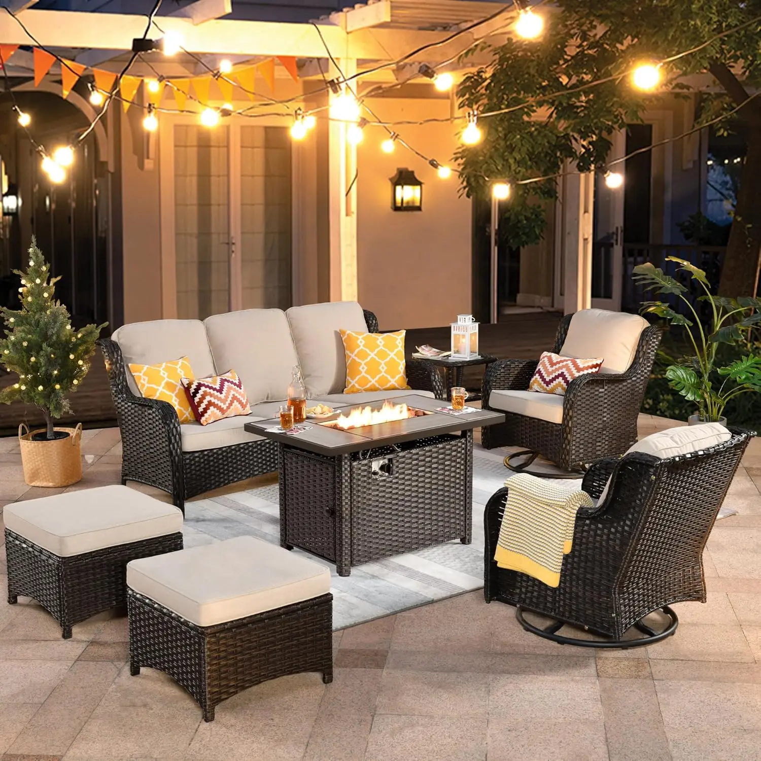 Patio Furniture Set 7 Piece Outdoor Wicker Swivel Rocking Chairs with Rectangle Propane Fire Pit Table All Weather High Back