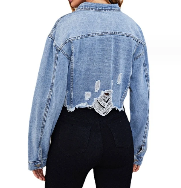 Fashion Trend Latest 2023 Fashion Women's Wear Hot Selling Monochrome Denim Jacket Broken Short Denim Jacket