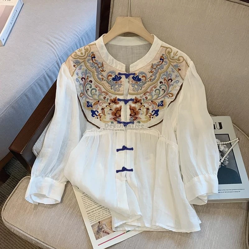 

2024 vintage chinese loose casual ethnic style tang suit blouse women half sleeve qipao button stand collar daily blouse w597