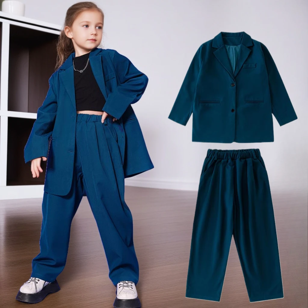 

Suit for Girls Fashion Loose Teen Boys Blazers Set 4 To 16 Y Kids Jazz Dance Performance Costume Blue Casual Child Group Outfit