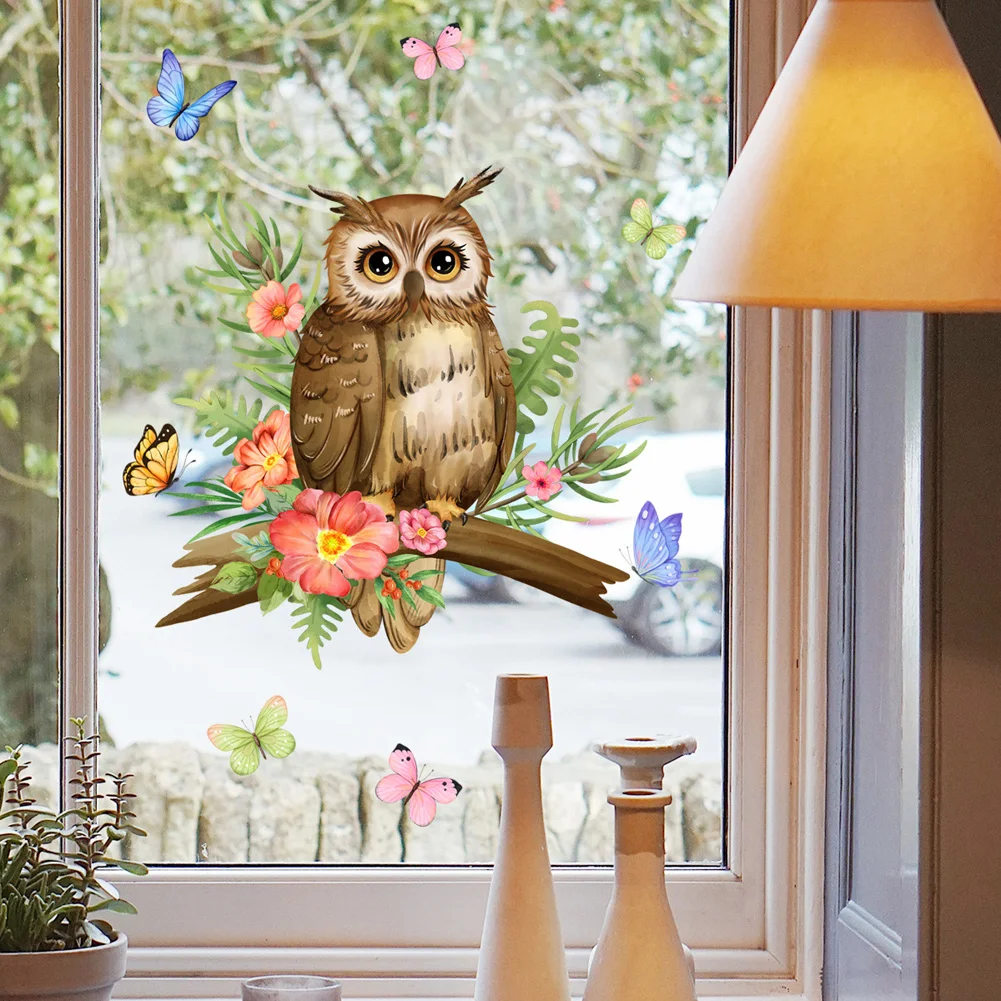 Owl Flower Branch Wall Stickers Living Room Glass Window Home Decorration Mural Bedroom Decor Self Adhesive Animal Decals