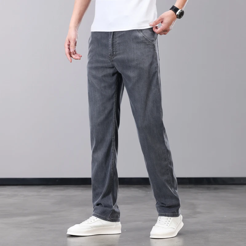 Summer Thin Men's Jeans Lyocell Fabric Soft Breathable Straight Denim Pants Brand Man Elastic Ice Silk Casual Trousers Grey Blue