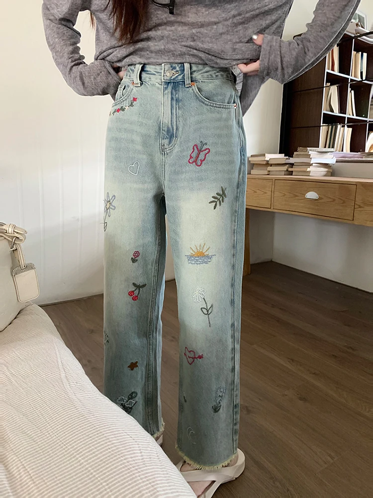 

High Waist Embroidered Straight Leg Denim Jeans plus Size Women's Faion Retro Frayed Cuff Casual Cotton Blend Denim Pants