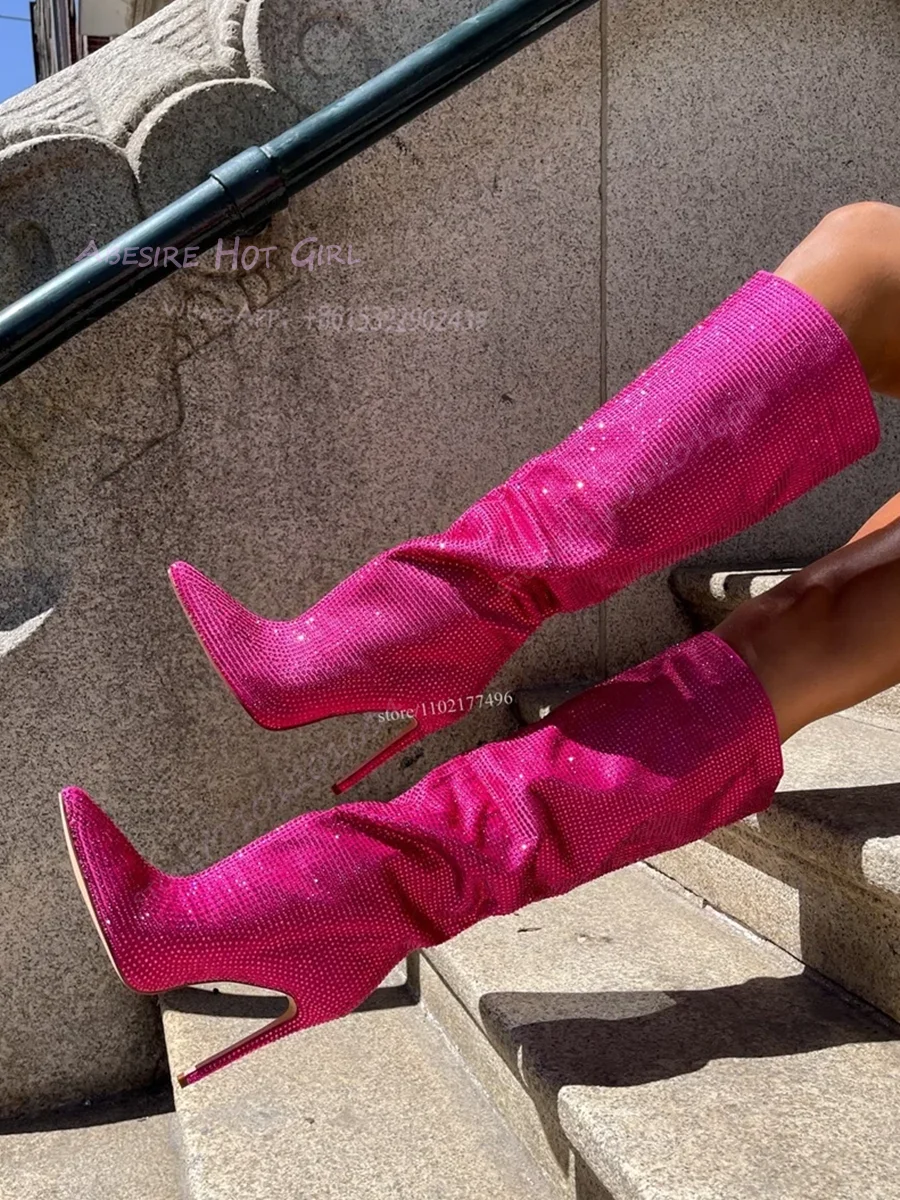 Crystal Cloth Rose Red Bling Loose Calf Boots Sequins Women Knee Booties Black Blue Stiletto Heels Pointed Fringetoe Brand Shoes