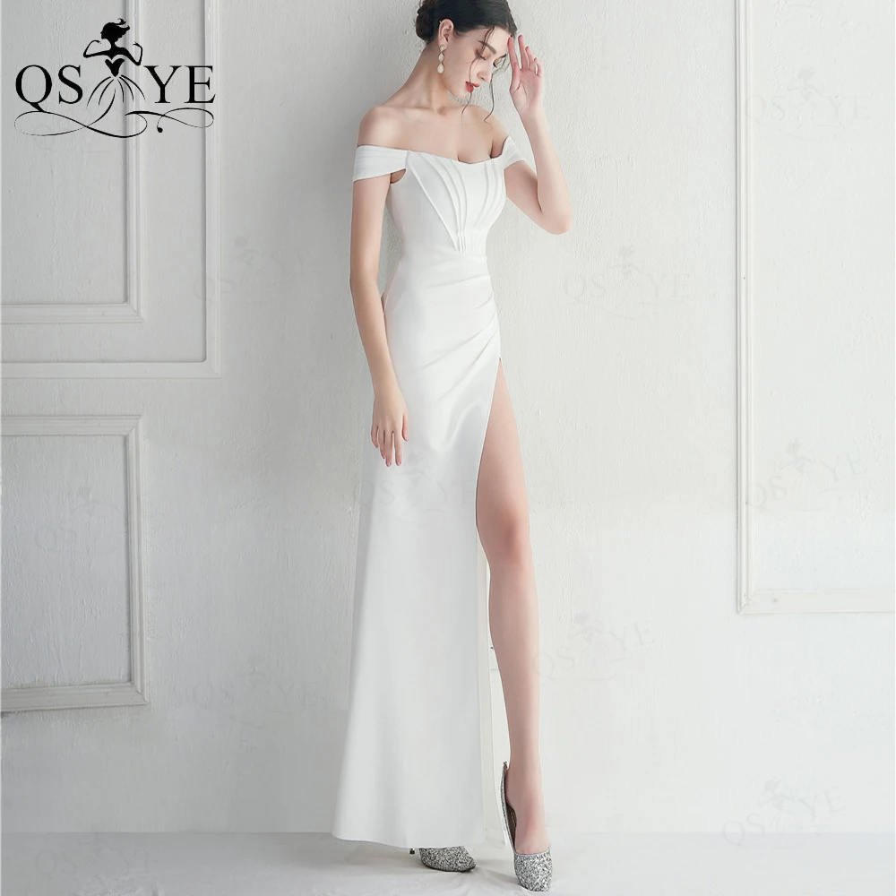 Semplici abiti da sposa bianchi con spalle scoperte abito da sposa elastico maniche laterali abito da sposa arricciato abito da sposa Sexy diviso matrimonio