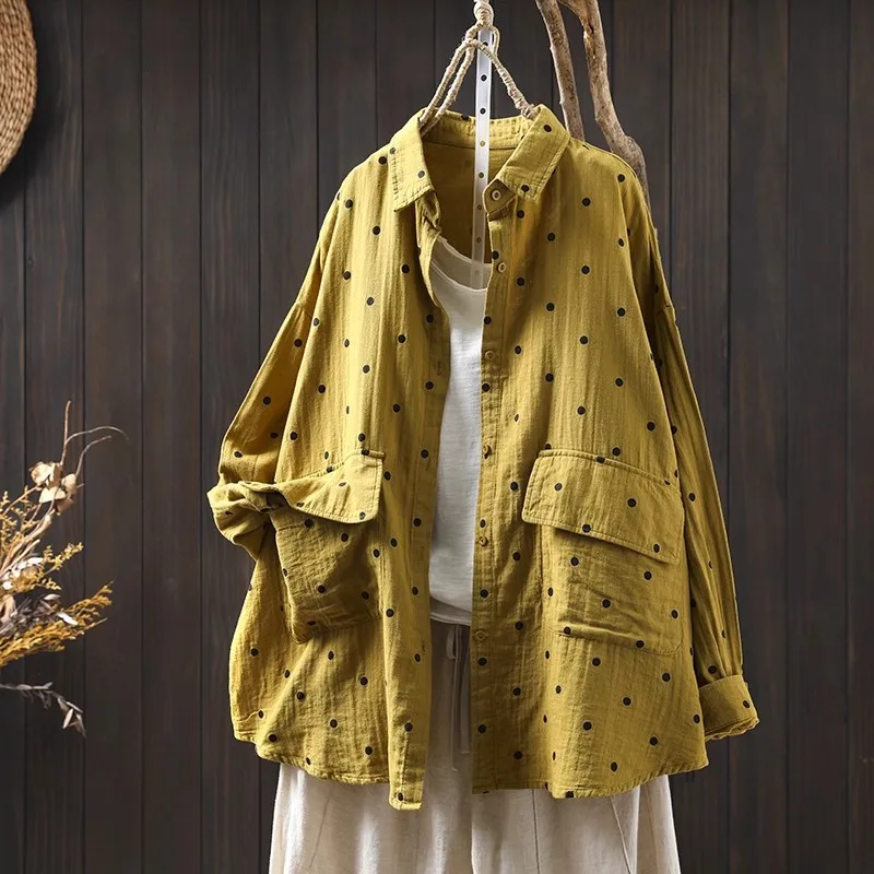 

100% Cotton yarn polka dot print shirts and blouses yellow pink green white orange dot big size blouse autumn women's clothing