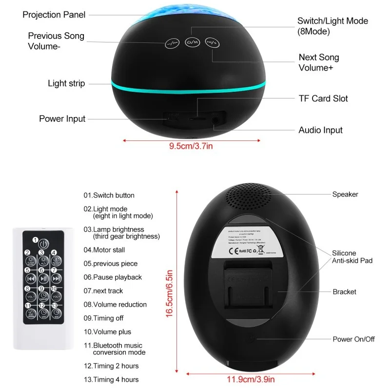 Встроенный музыкальный проигрыватель, динамик, светодиодный ночник, проектор, музыка, дистанционное управление, океанская волна, проектор, лампа для