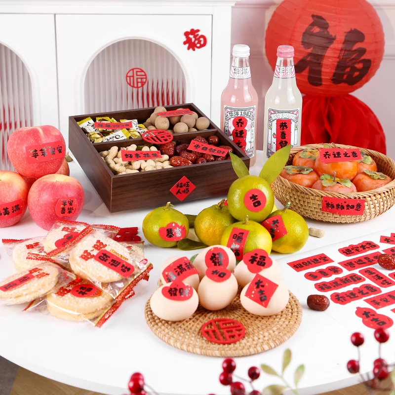 New Year's Greetings with Auspicious Words for Housewarming, Stickers With Fruit and Dried Fruit Decorations, Lucky Stickers