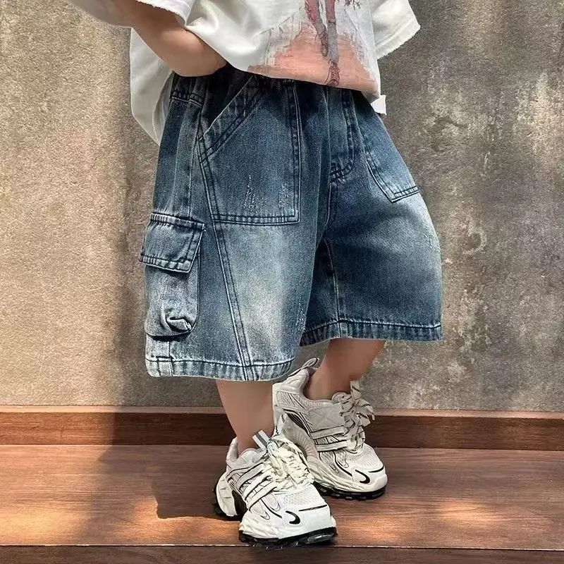 

Модные летние джинсовые шорты для мальчиков в азиатском стиле, прямые синие джинсы для детей, стильные и удобные