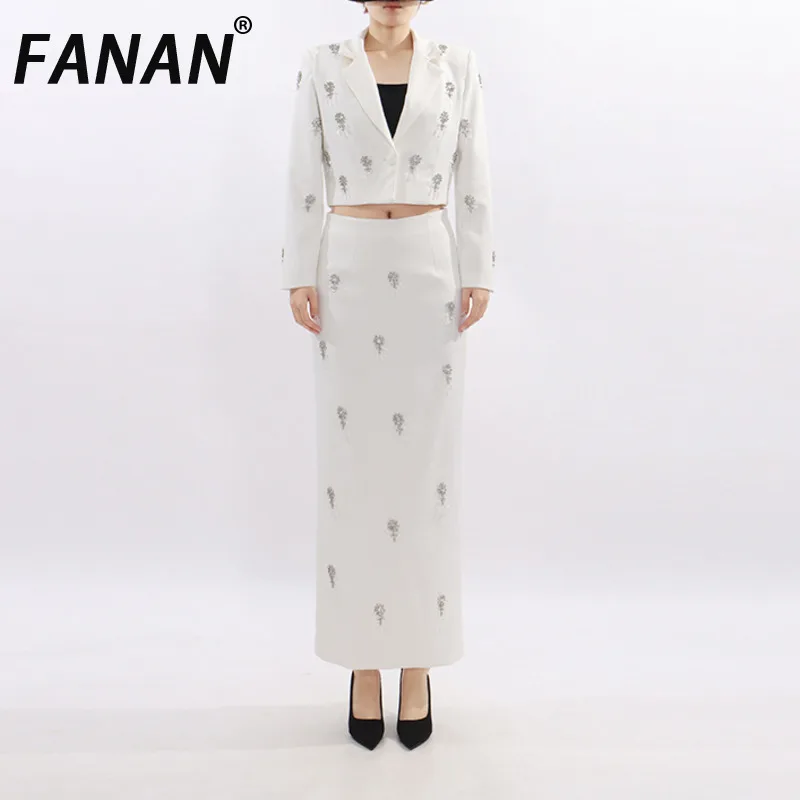 

FANAN Women's Diamond Inlaid Design 2 Piece Set Long Sleeve Short Blazers + High Waist Split Skirts 2026 Spring New Suit