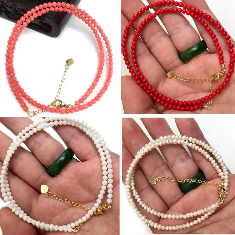 Natural pearl Romantic Fashion Beautiful Artificial Red Coral 3-4mm Round Beads Necklace Chain Choker Clavicle Jewelry 15inch