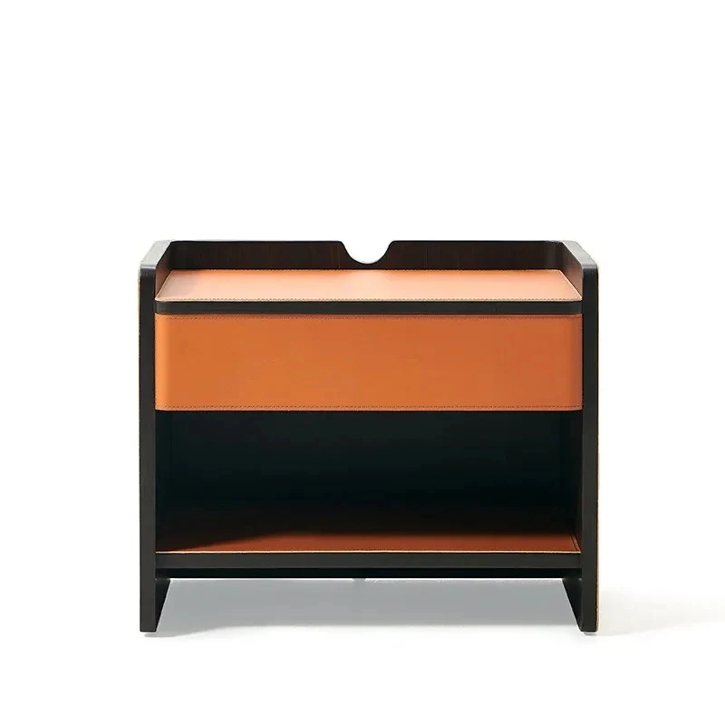 

Italian minimalist bedside tle, light leather, bedroom storage, smoked wood, high-end