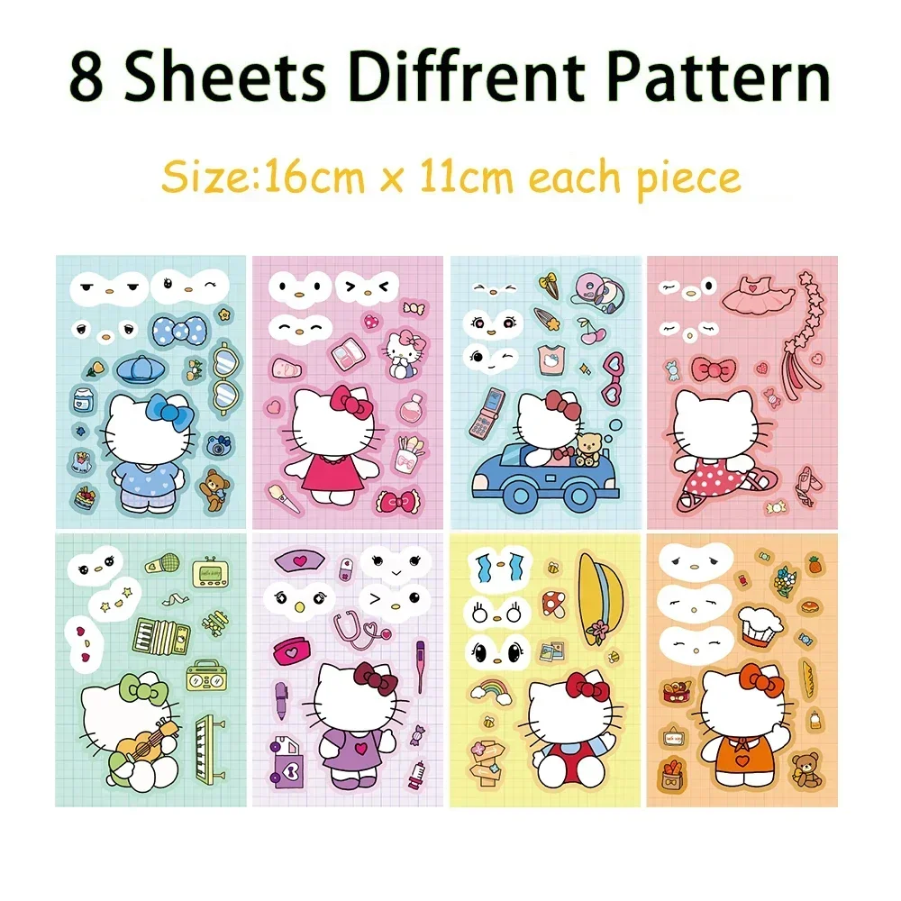 8/16 Sheets Sanrio Puzzle Stickers Cartoon Kawaii Hello Kitty Make-a-Face Assemble Cartoon Game Assemble Jigsaw Children Gift