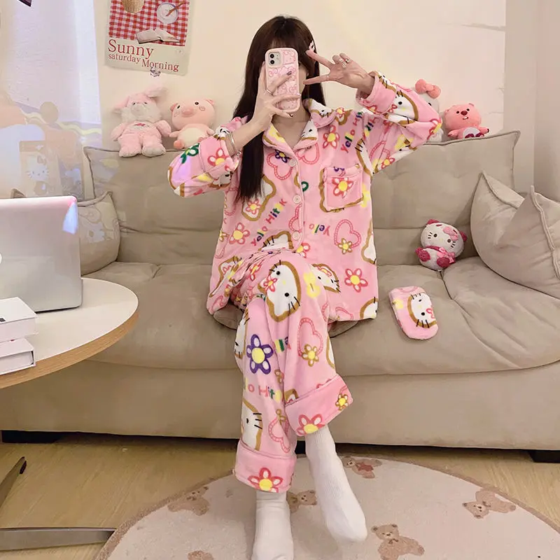 New Sanrio Hello Kitty Pajamas Kawaii Winter Women Sleepwear Fashion Cute Loungewear Cartoon Cat Warm Home Suit Y2k Nightgowns