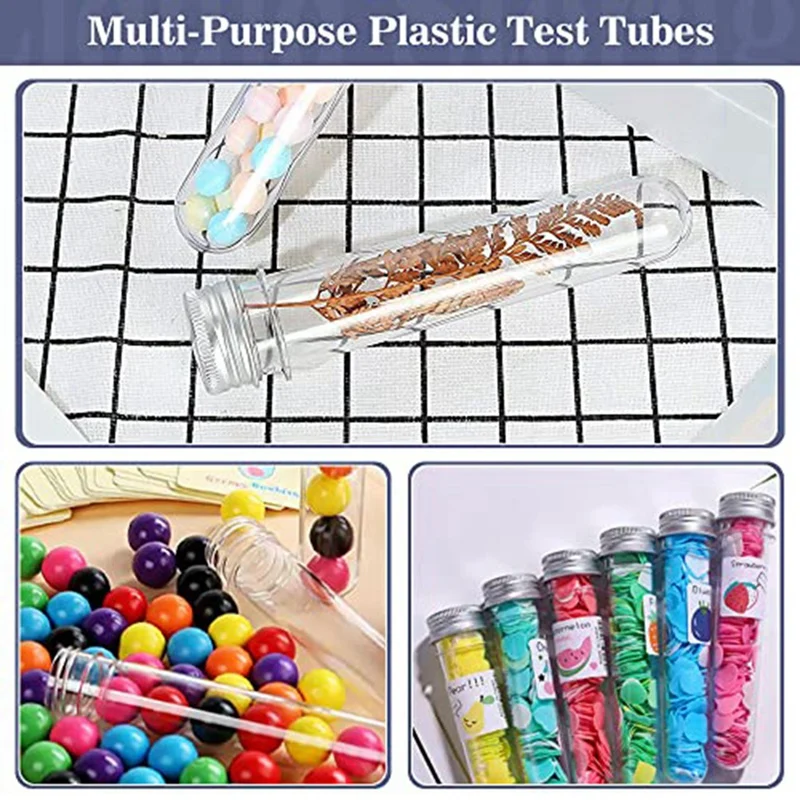 100ml 투명 플라스틱 테스트 튜브, 나사 캡이 있는 검볼 캔디 튜브, 결혼식 파티용 청소 브러시 1 개, 15 개