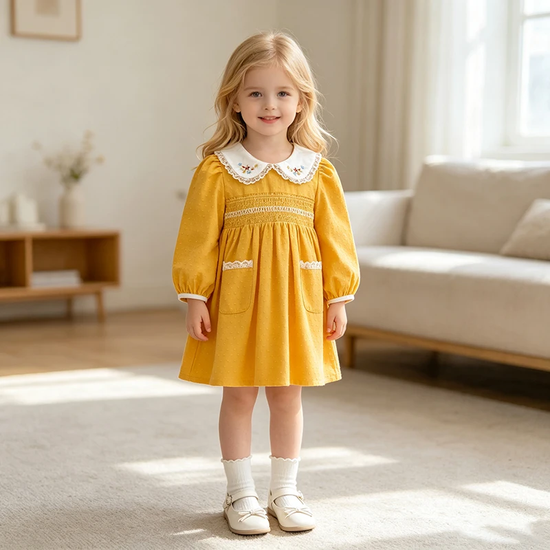 2026 Herbst Frühling Kinder Mädchen Kleid Langarm Gelb Bestickter Kragen Prinzessinnenkleid Neues Kinder Mädchen Kleid