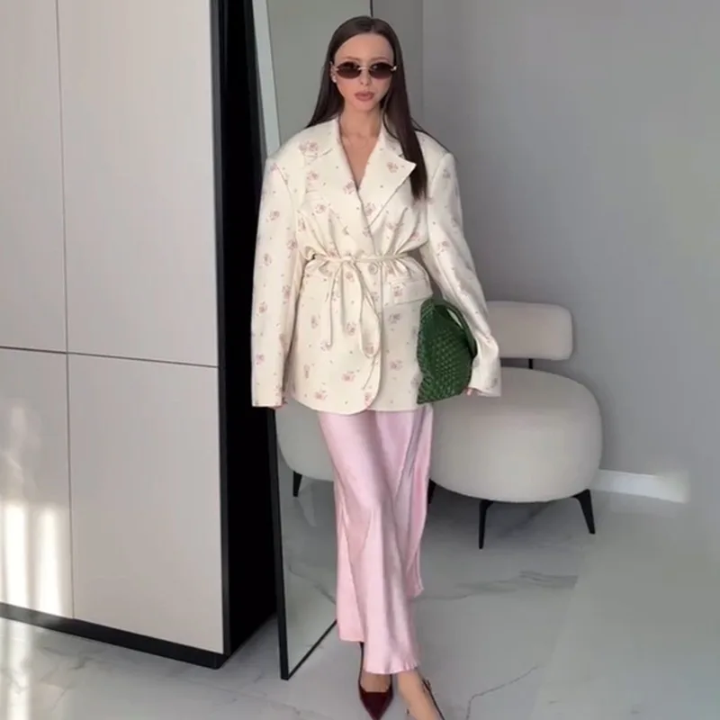 Tuularose 女性プリントブレザーファッションルーズカジュアルコントラストプリントレースアップジャケットトップス新しい通勤ハイストリート女性コート