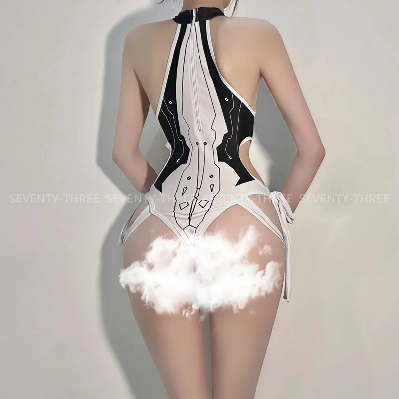 

New 2025 Anime Game Cyber Machinery Women Cosplay Costume Hollow Out High Fork Strap Halter Mecha Print Jumpsuits Swimsuit ★ ★ ★