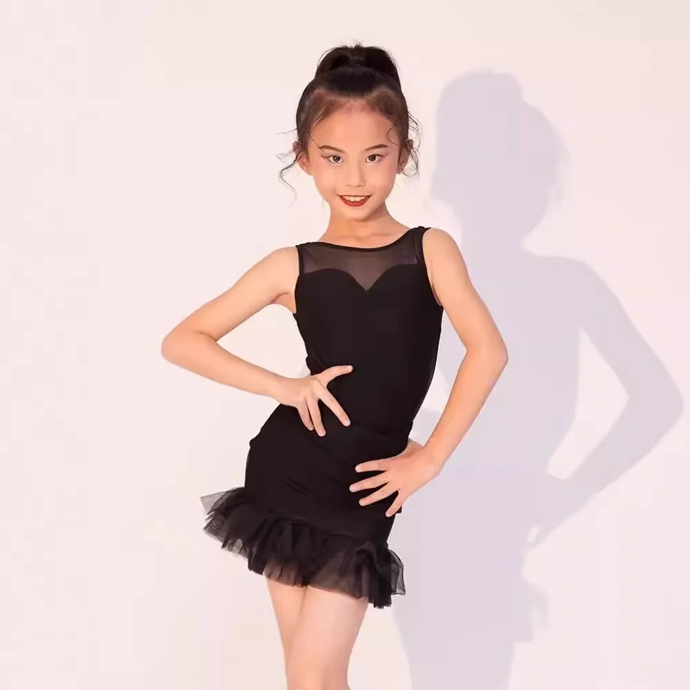 

Children's Latin Dance Costumes 2024 Summer New Practice Clothes Girls Senior Black Split Dance Performance Clothes