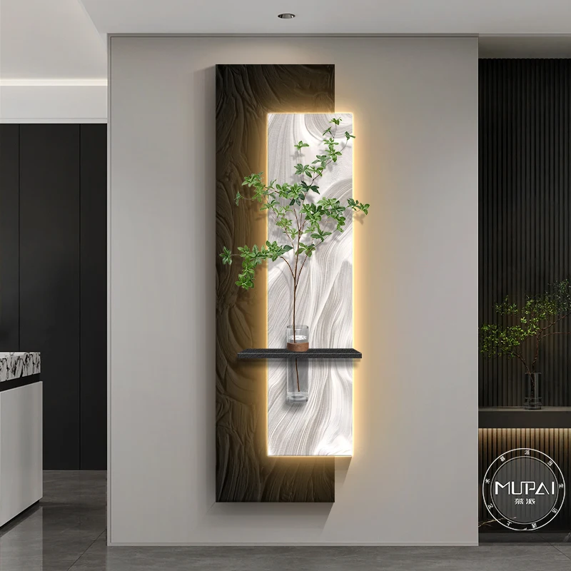 

LED lights enter the entrance, decorative paintings, vases, green plants, hanging paintings, living room corridor