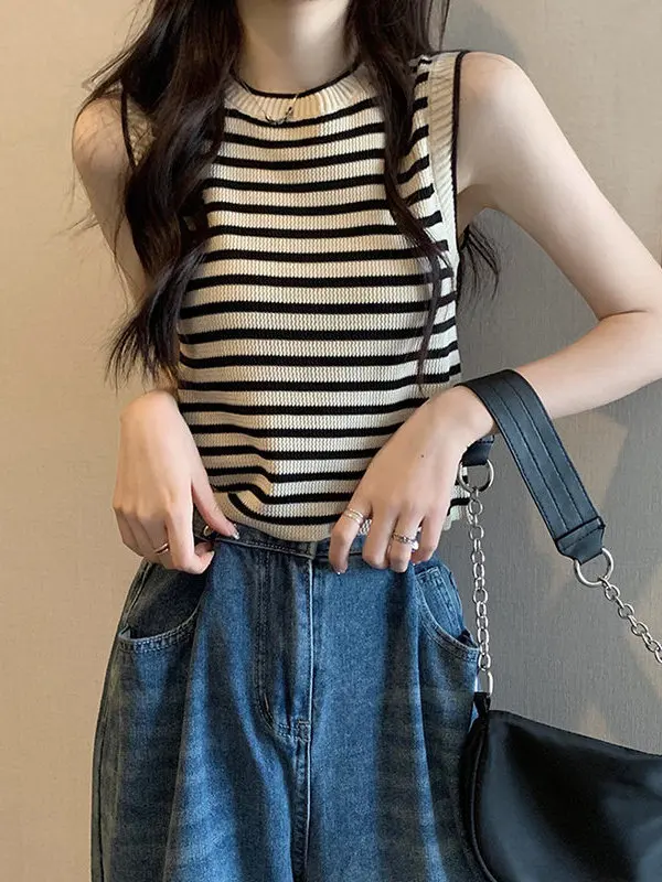 

Summer Women's Knitted Stripe Crop Top Tank Vest Short Sleeve round Neck Color Block Underwear Base Shirt Inner Wear Outerwear