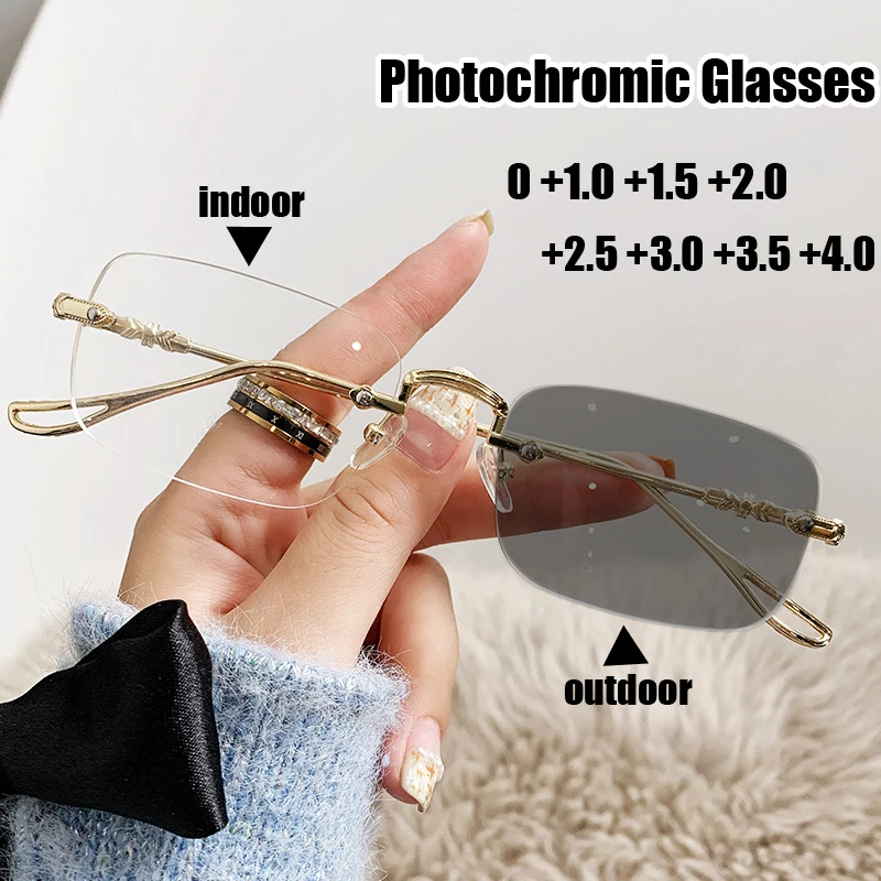 

Rimless Photochromic Reading Eyeglasses Luxury Women Men Discolored Far Sight Glasses Anti Blue Light Presbyopia Eyeglasses