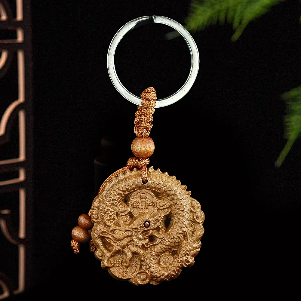 Holzgeschnitzte Drachenfigur Schlüsselanhänger Chinesische Lange Handwerkskunst Schlüsselring zur Schlüsseldekoration Amulett Schmuckzubehör – Detail 3