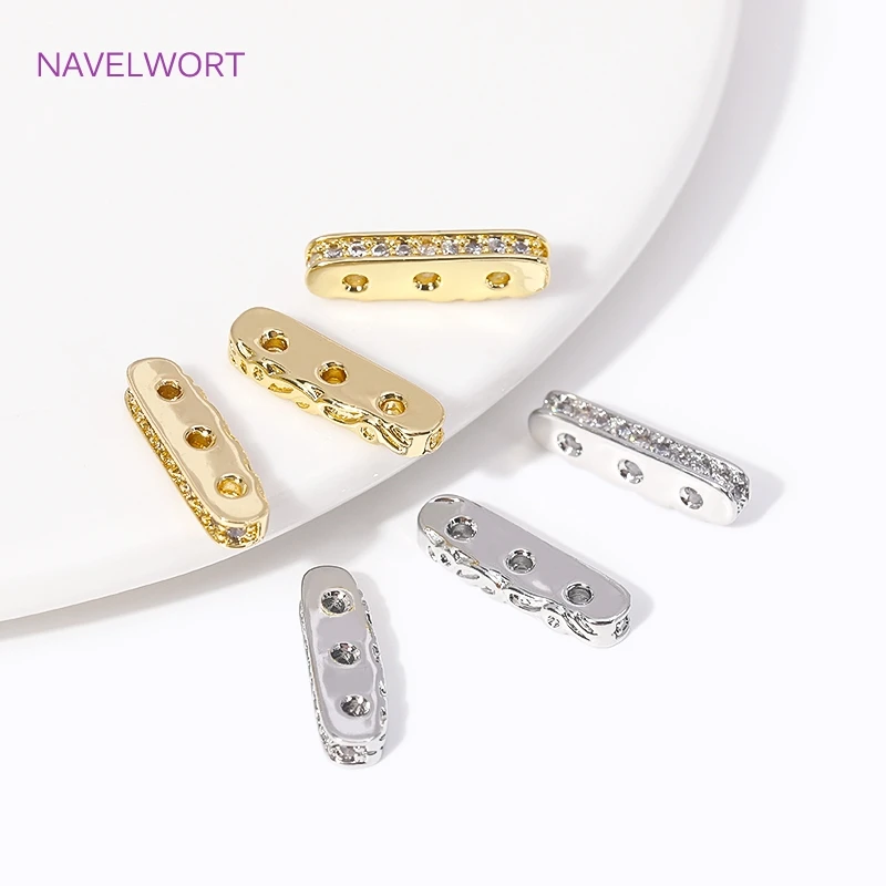 18K Gold Plated Brass Inlaid Zircon 3 Holes Separators for Beads Connector Accessories DIY Beading Jewellery Making Components