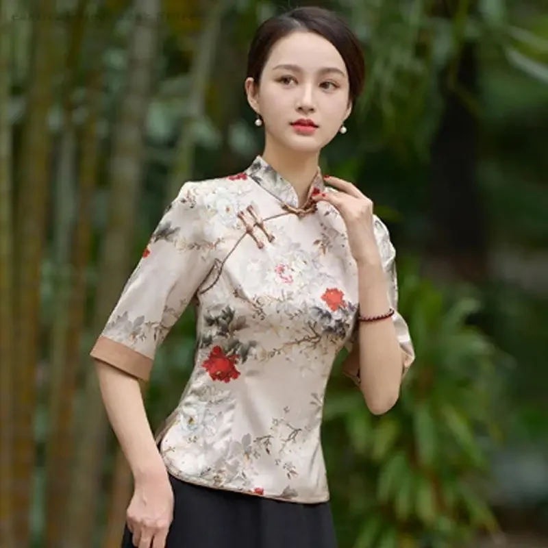 

Retro Ethnic Hanfu Tops New Chinese Style Tang Suit Shirt Summer Mid Sleeve Improved Print Shirt Mandarin Collar Oversize Blouse