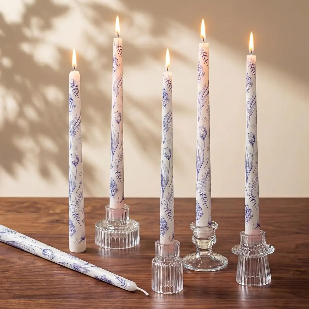 

Набор из 6 длинных конических свечей в стиле шинуазри с цветочным узором, сине-белые фарфоровые подсвечники, высокие, бездымные, без запаха